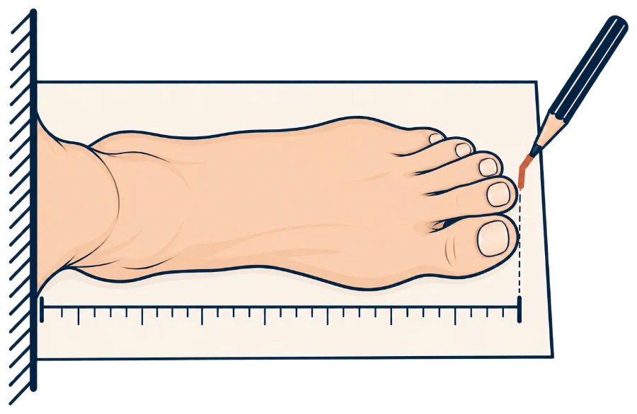 Foot on paper with the heel against a wall, the longest toe marked and the heel-to-toe distance measured